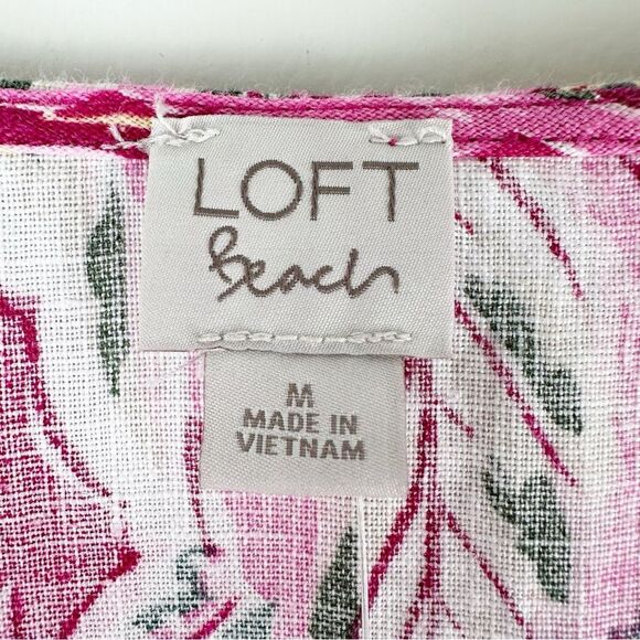 LOFT Beach Palm Tie Front Linen Pink Floral Print 3/4 Puff Sleeve Romper, Size M - Picture 9 of 15